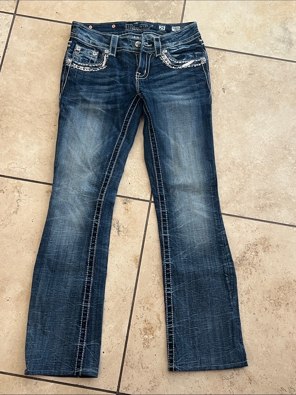 Miss Me Dark Blue Bootcut Jeans with Embroidered Pockets